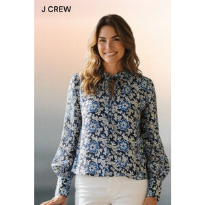 J. Crew Blue & White Floral Long Sleeve Blouse XXS